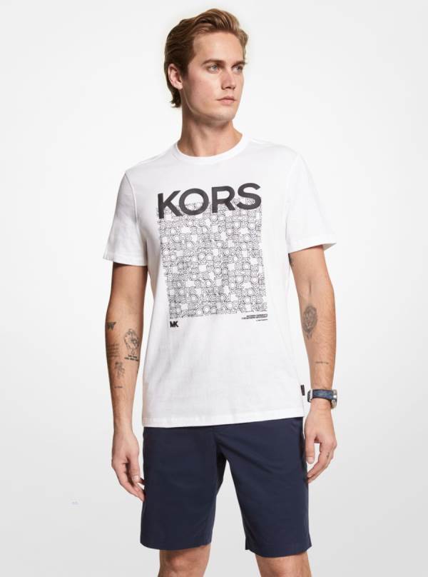 Panske Tricko Michael Kors Newsprint Logo Cotton Biele - Oblecenie Michael Kors Vypredaj | XUZOT-4892